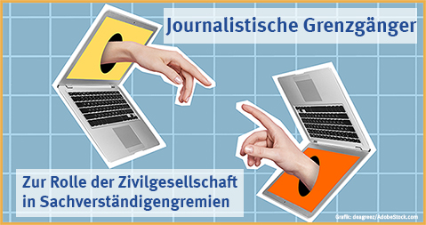 Header-Grafik zum OBS-Arbeitsheft 111: Es sind zwei Laptops zu sehen, aus denen jeweils eine Hand aus dem Bildschirm ragt und die beiden Zeigefinger aufeinander zugehen, angelehnt an das Michelangelo Bild "Erschaffung des Adams"